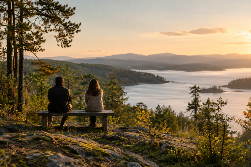 Two people sitting quietly beside one another on a simple weathered wooden bench near the edge of a forest or overlooking calm water, photographed naturally from behind and at some distance. They are not talking, embracing, advising, or gesturing; they are simply present together. Two people sitting quietly beside one another on a simple weathered wooden bench near the edge of a forest or overlooking calm water, photographed naturally from behind and at some distance. They are not talking, embracing, advising, or gesturing; they are simply present together.