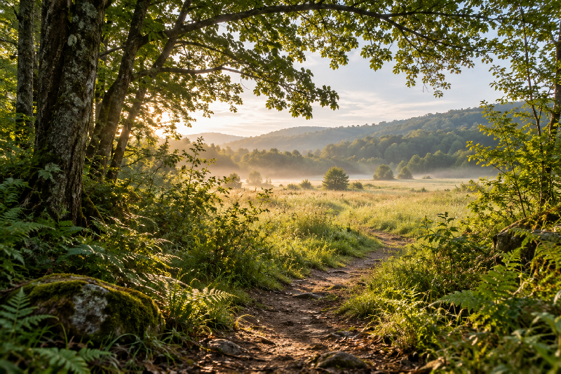 A natural forest path opens toward a softly sunlit meadow, suggesting openness to life and the ongoing discovery of what it means to be human.
