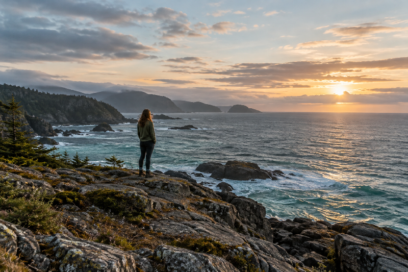 A person stands quietly on a rocky shoreline facing an open sea, suggesting courage, uncertainty, and willingness to meet life as it unfolds.