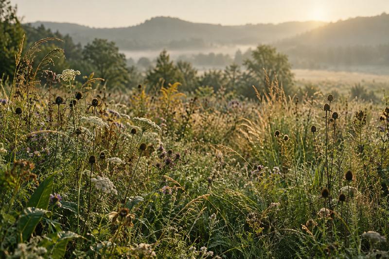 Wild grasses, flowers, and weathered plants growing together in a sunlit meadow, reflecting the beauty of making room for all parts of ourselves.