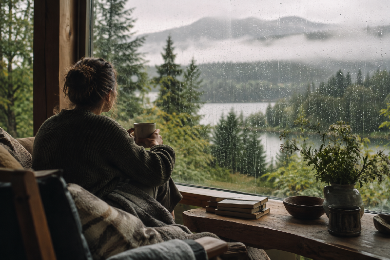 A person sits quietly beside a rain-streaked window overlooking greenery, suggesting reflection and a sense of distance from the world.