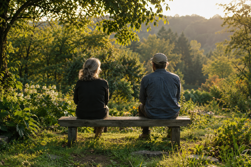 Two people sit quietly together on a bench surrounded by greenery, reflecting the connection that can emerge through shared presence and silence.