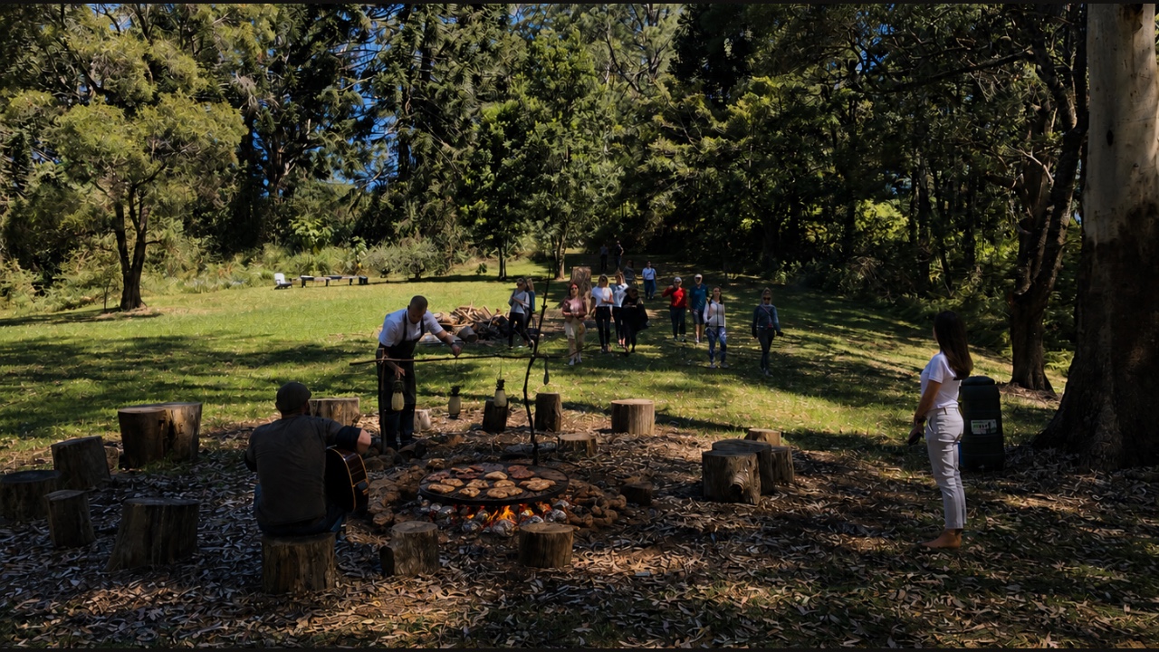 Guests approaching the bonfire setting at The Ridge
