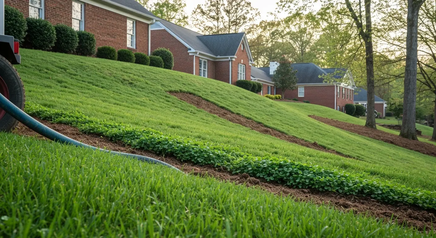 Hydroseeding and sod installation on slope