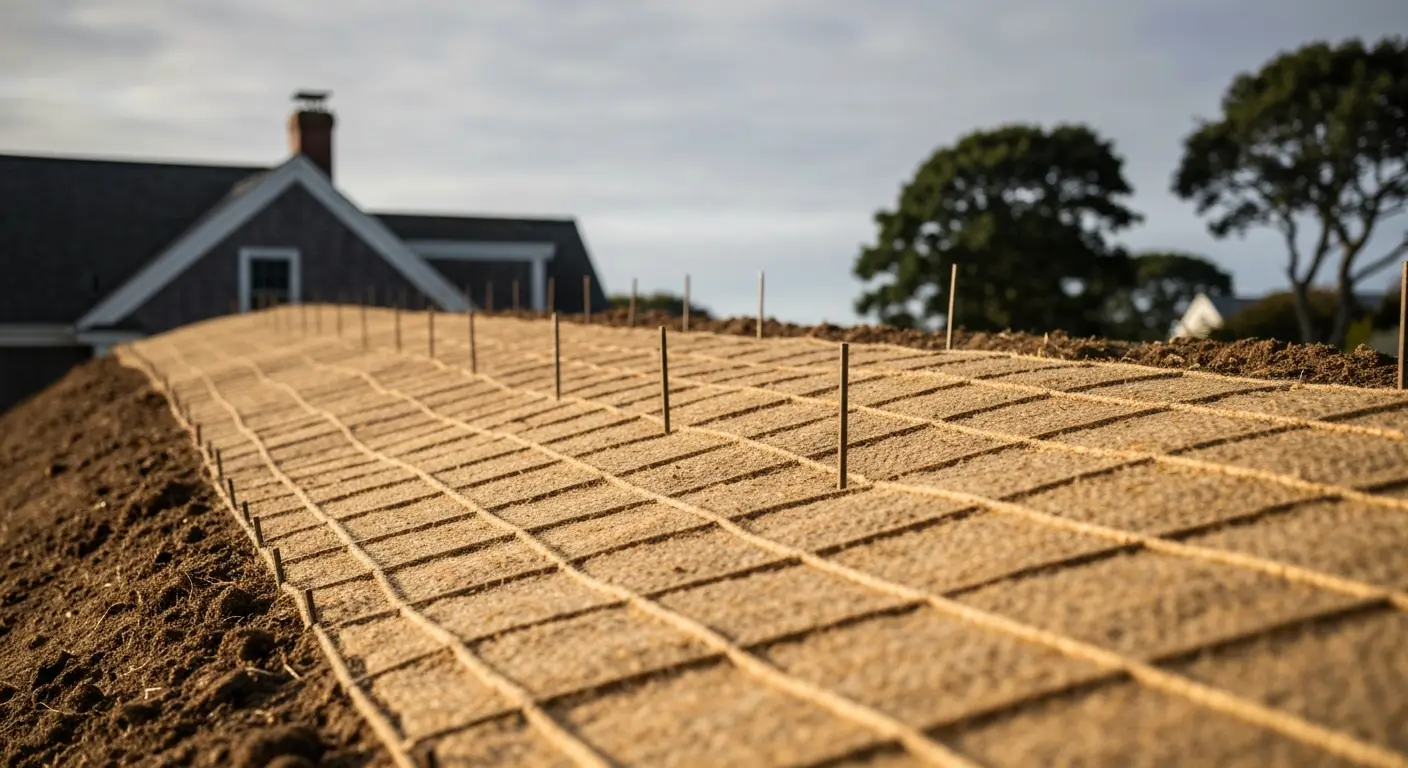 Erosion control with straw matting on slope