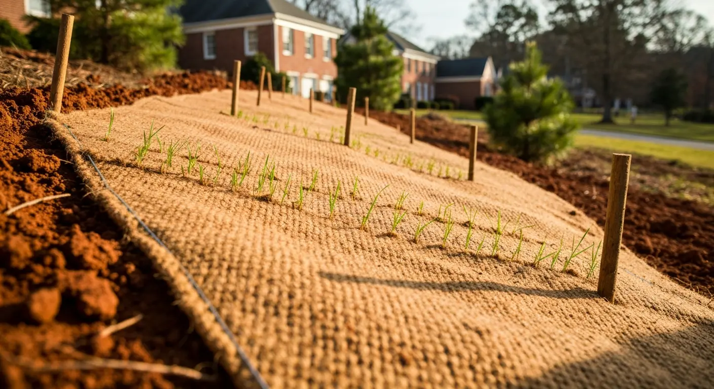 Erosion control blanket installation on slope