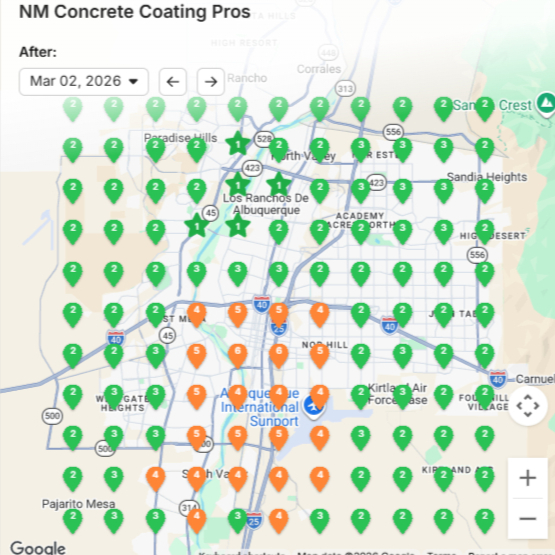 After: SERP grid for "concrete coating" - green pins dominate the metro, average rank 3.0.