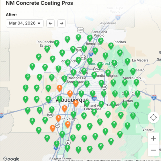 After: SERP grid for "concrete coating company" - green top-3 pins across the metro, average rank 2.4.