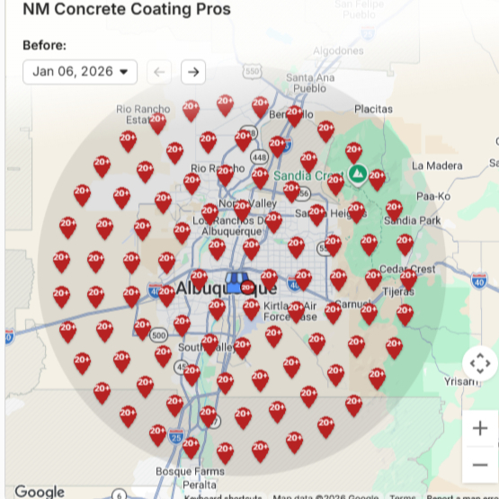 Before: SERP grid for "metallic epoxy flooring" - red 20+ pins across the entire Albuquerque metro. Not ranked.