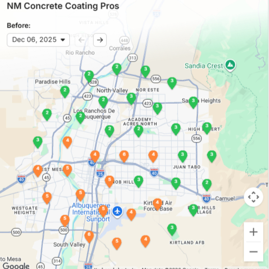 Before: SERP grid for "concrete coating company" - mixed orange and red pins around the metro.