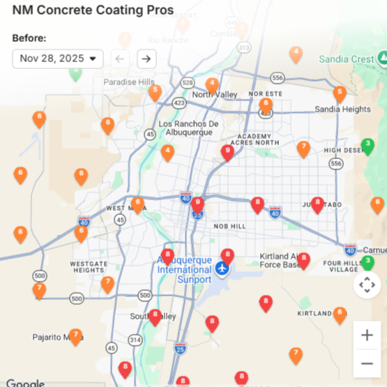 Before: SERP grid for "concrete coating" - orange and red pins across most of the Albuquerque metro.