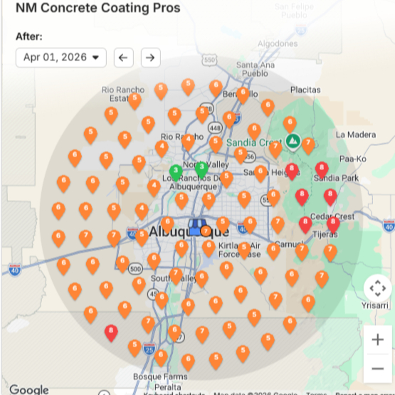 After: SERP grid for "metallic epoxy flooring" - green top-3 pins across most of the metro, with some orange in the south.