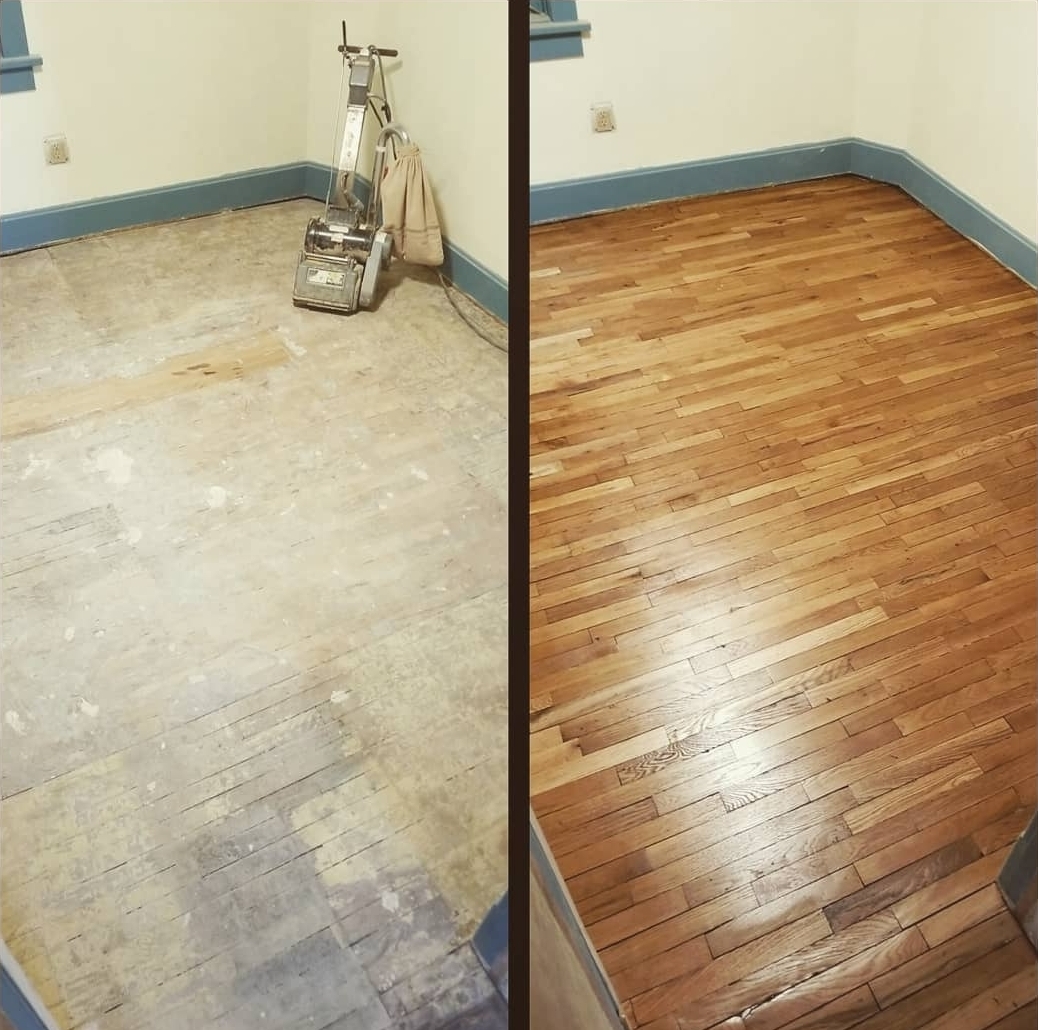 Side-by-side floor restoration. On the left, a rough, paint-flecked subfloor with a drum sander mid-job. On the right, the same room with the original hardwood sanded down and refinished to a clean amber glow.