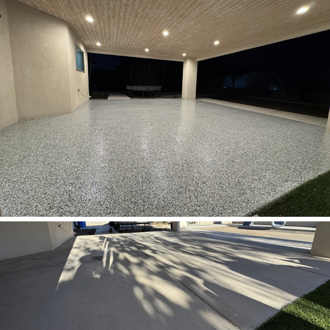 Before and after of a covered patio coating job by Your Business, LLC.