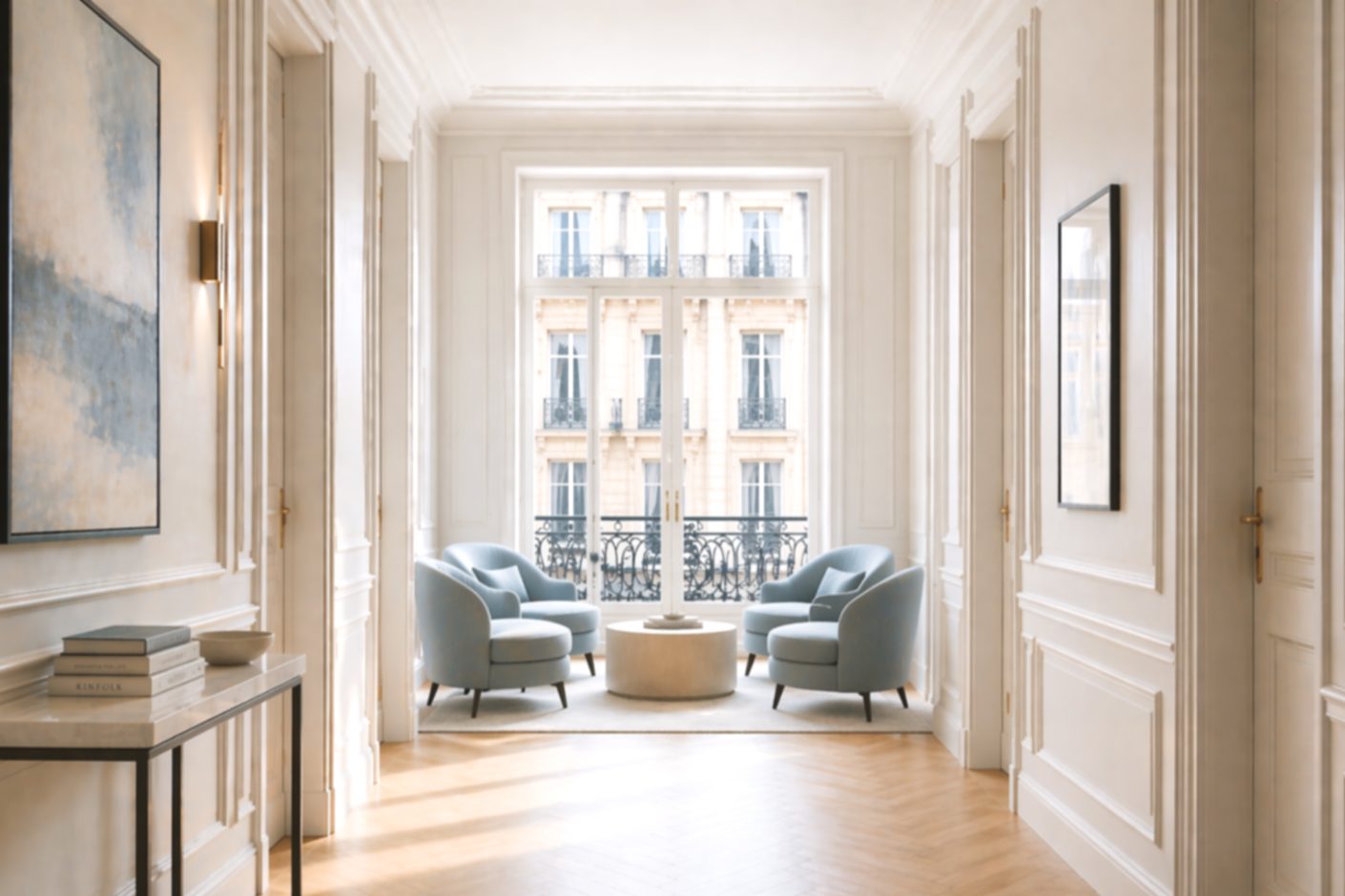 A quiet Parisian salon with two armchairs turned to face each other
