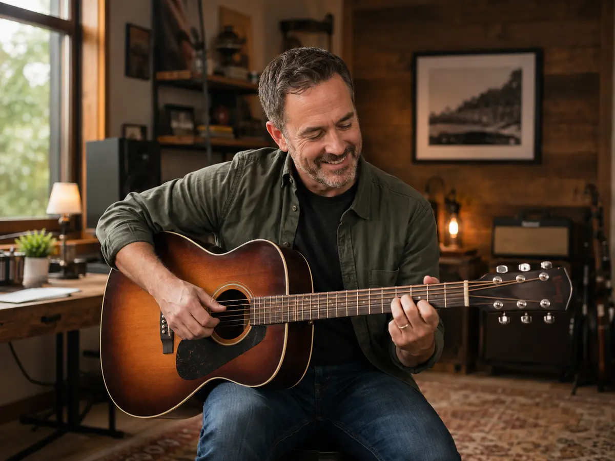 Middle-aged adult enjoying an acoustic guitar lesson in San Antonio