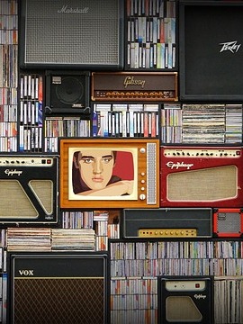 Vintage guitar amplifiers, vinyl records, CDs, and an old-school television featuring Elvis Presley