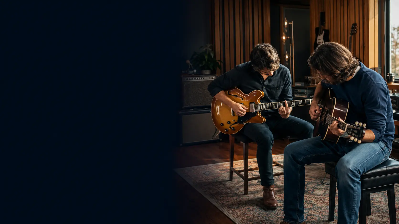 Adult guitar student and instructor each playing a guitar during a private lesson