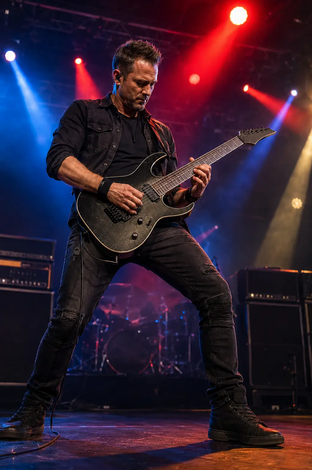 Advanced electric guitarist performing a high-energy solo on stage