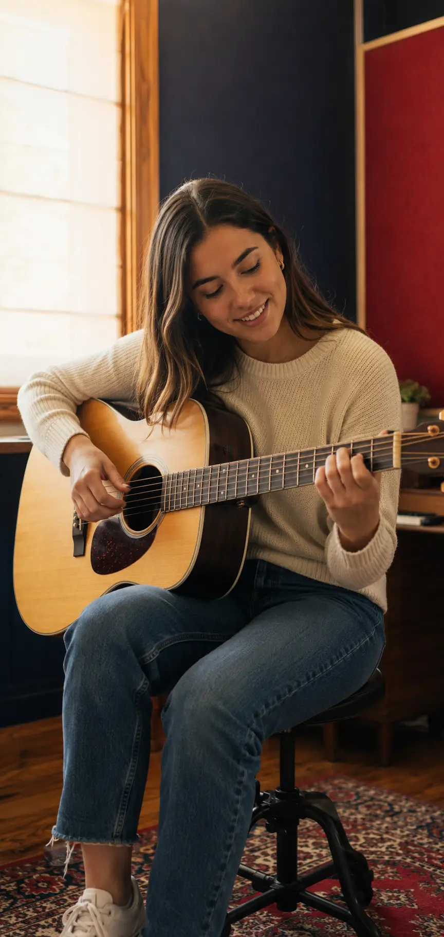 Young adult woman learning acoustic guitar in a private beginner lesson