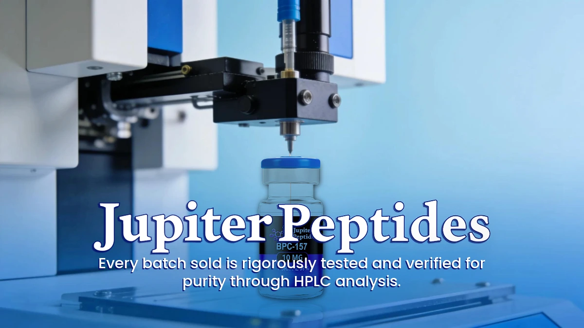 Jupiter Peptides vial undergoing laboratory batch testing with HPLC analysis equipment.