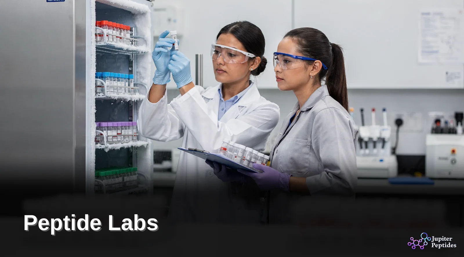 Two laboratory researchers inspecting peptide samples stored in a temperature-controlled freezer. Two laboratory researchers inspecting peptide samples stored in a temperature-controlled freezer.