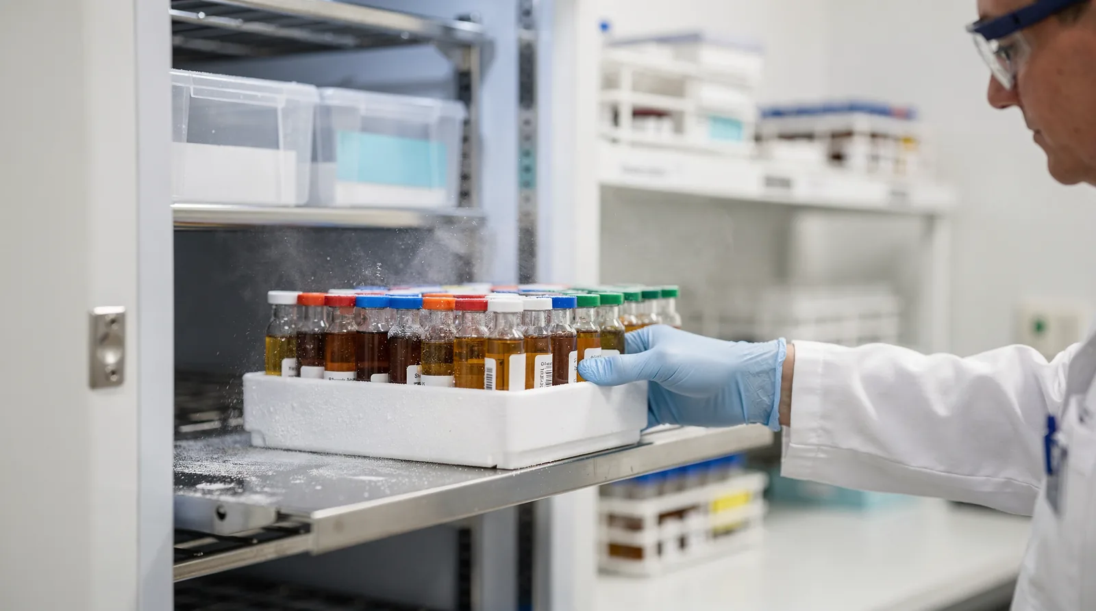 Laboratory researcher placing peptide samples into temperature-controlled cold storage. Laboratory researcher placing peptide samples into temperature-controlled cold storage.