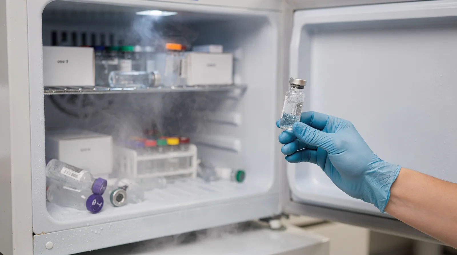 Gloved laboratory researcher handling a sealed peptide vial removed from cold storage. Gloved laboratory researcher handling a sealed peptide vial removed from cold storage.