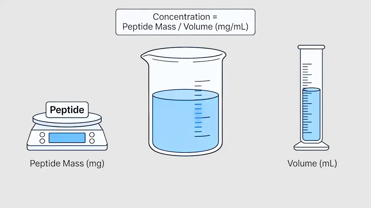 Peptide concentration calculation diagram showing peptide mass divided by solution volume in mg per mL