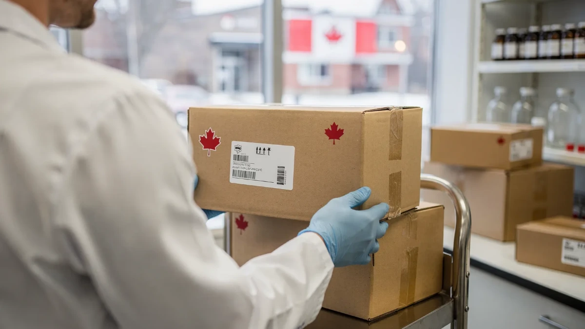 Person in gloves handling stacked cardboard boxes with Canadian flags in a lab setting.