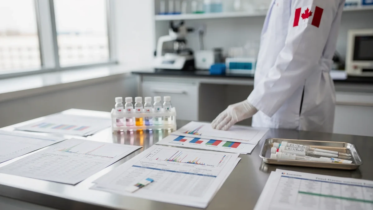 Laboratory scene with charts, data sheets, and vials on a table.