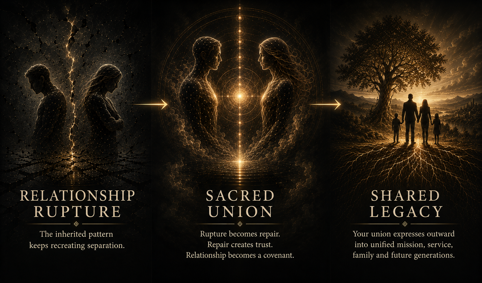 The Transformation graphic showing relationship rupture into sacred union and shared legacy