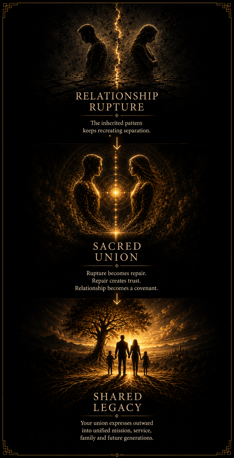 The Transformation graphic showing relationship rupture into sacred union and shared legacy