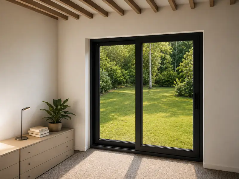 Zwart schuifraam met zicht op de tuin