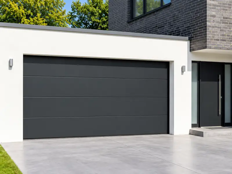 Antraciet sectionale garagepoort bij een moderne woning