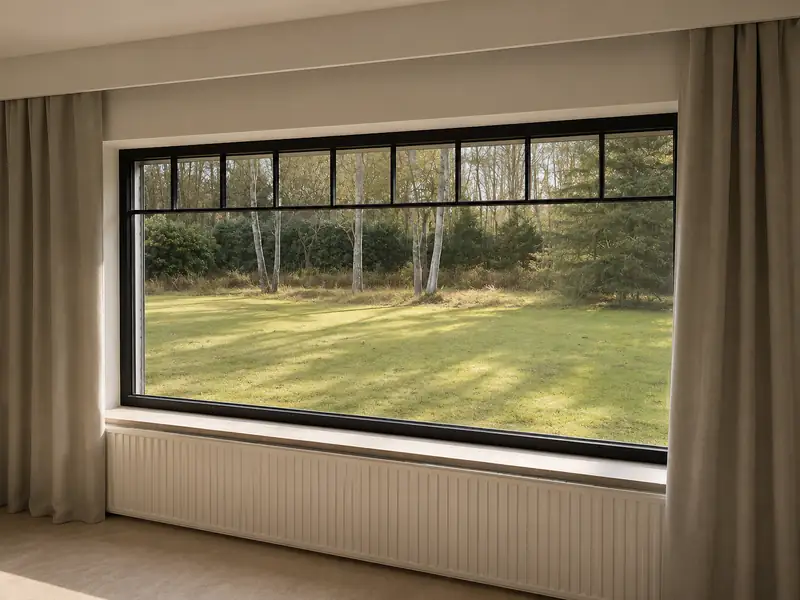 Groot raam met zwarte profielen en zicht op de tuin