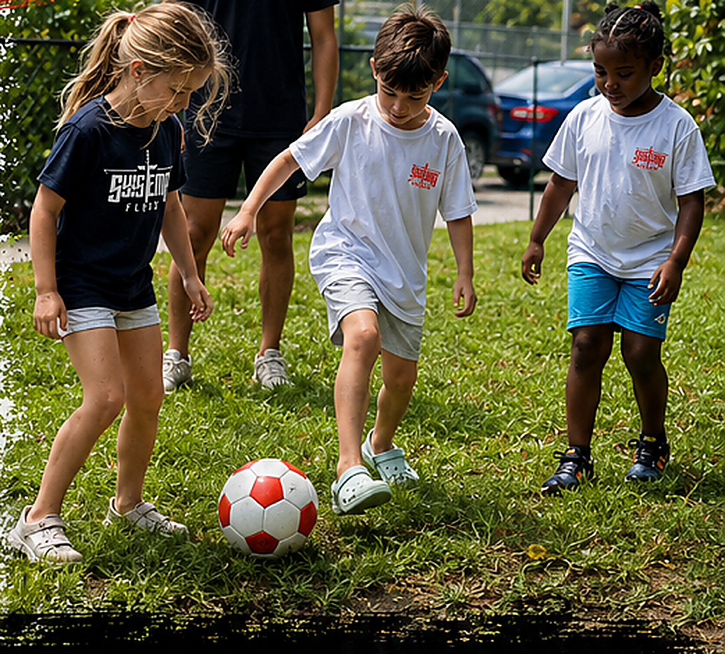 Children playing soccer outdoors in Systema Floyd shirts