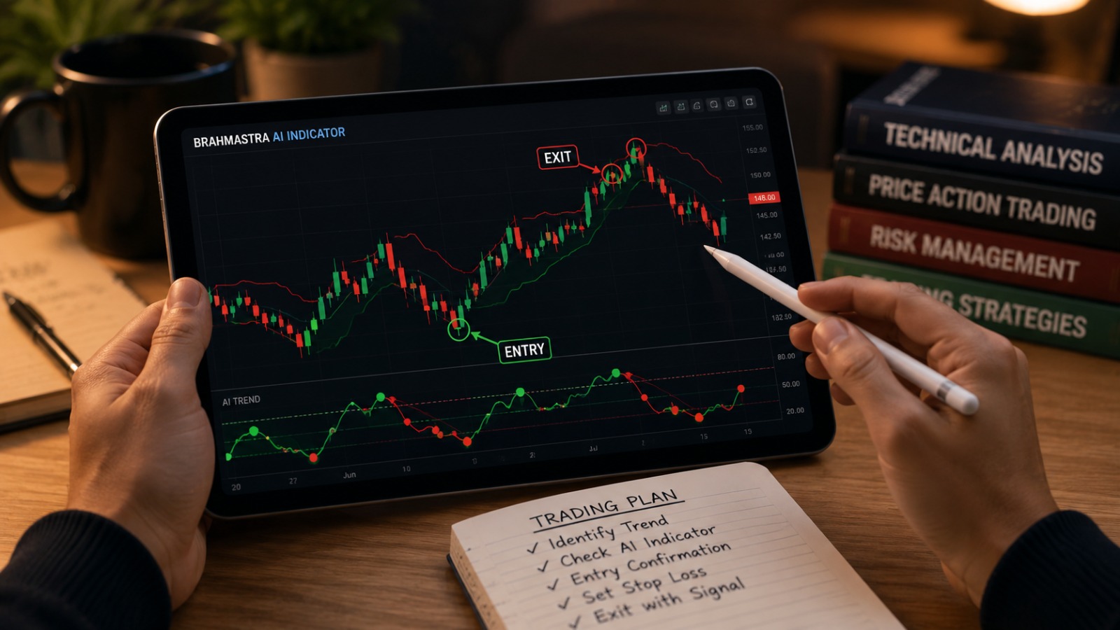 Brahmastra AI indicator on a candlestick chart