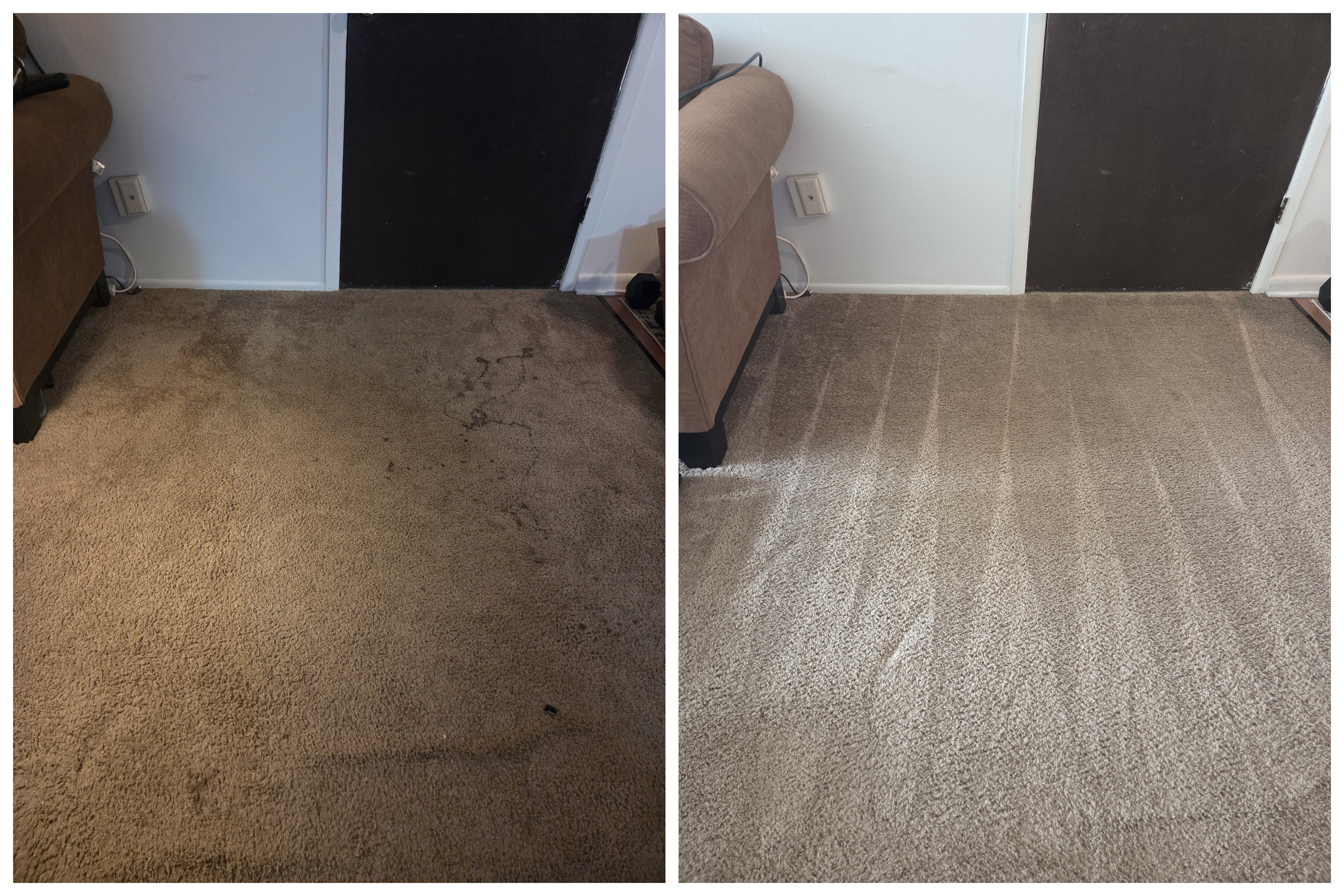 Before and after living room carpet cleaning by Grime Fighters