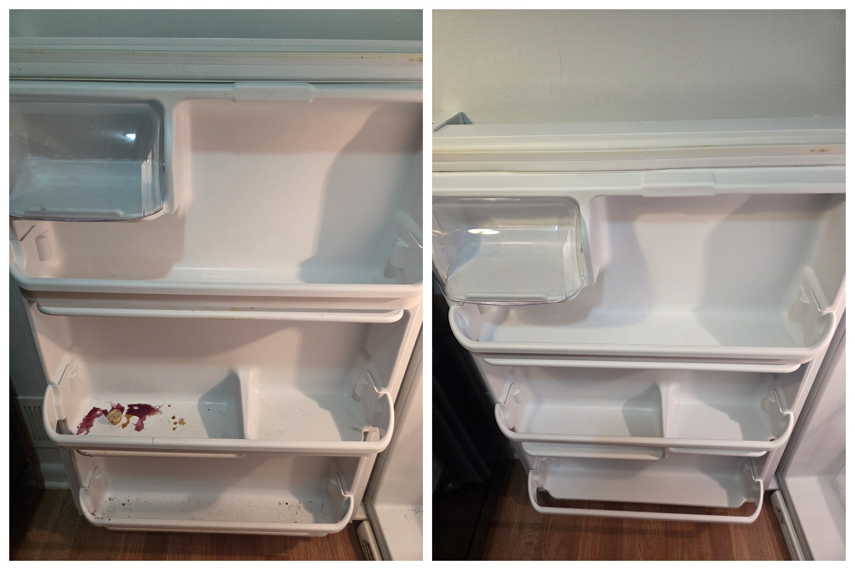 Before and after refrigerator door cleaning
