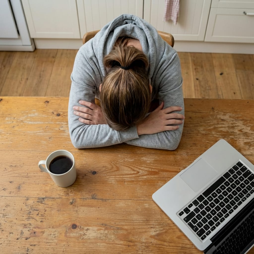 Woman sitting at table, frustrated, with head on arms. Laptop and cup of coffee nearby.