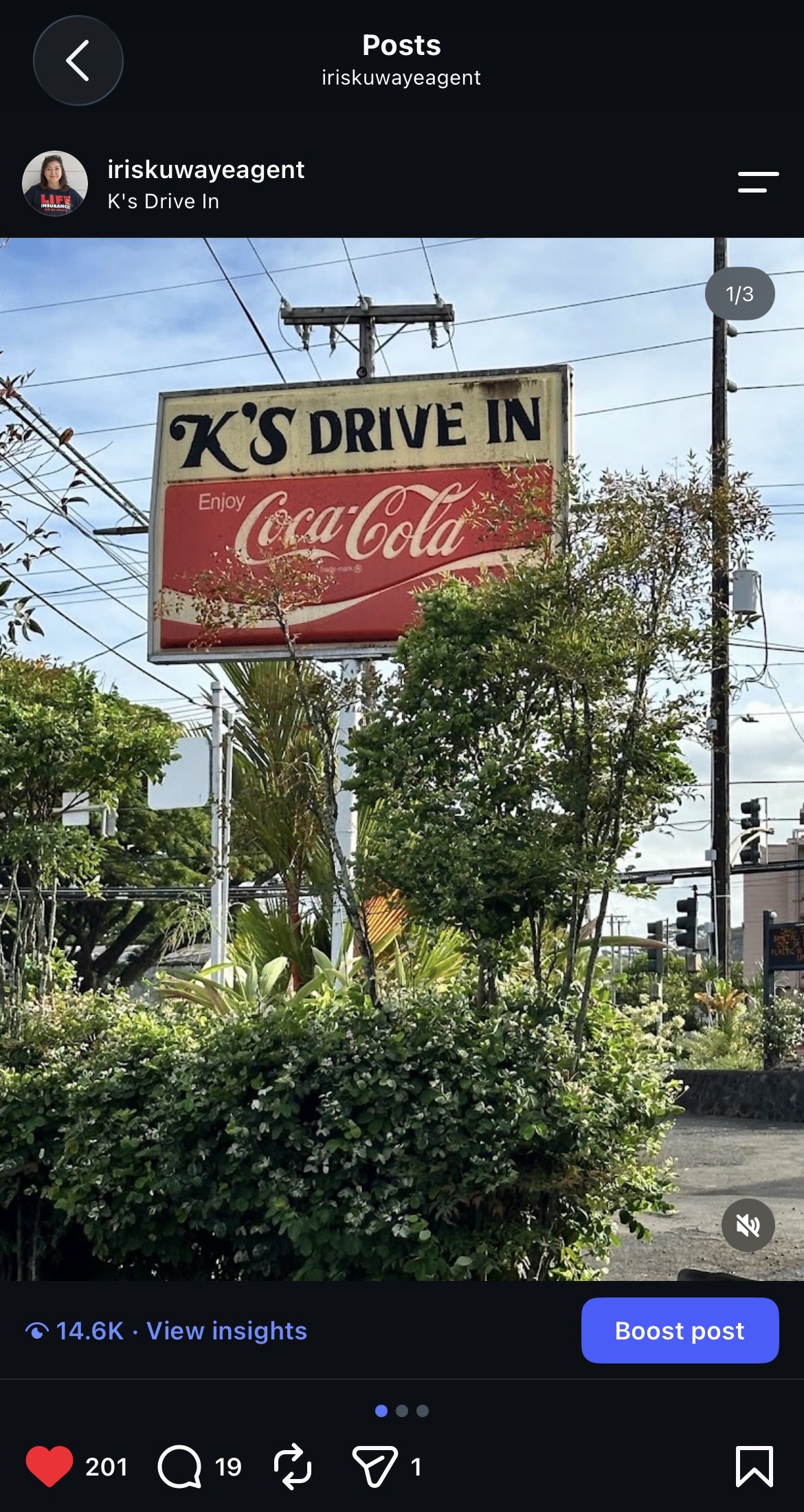 Iris Kuwaye Instagram post featuring the K's Drive In sign in Hilo, 14.6K views