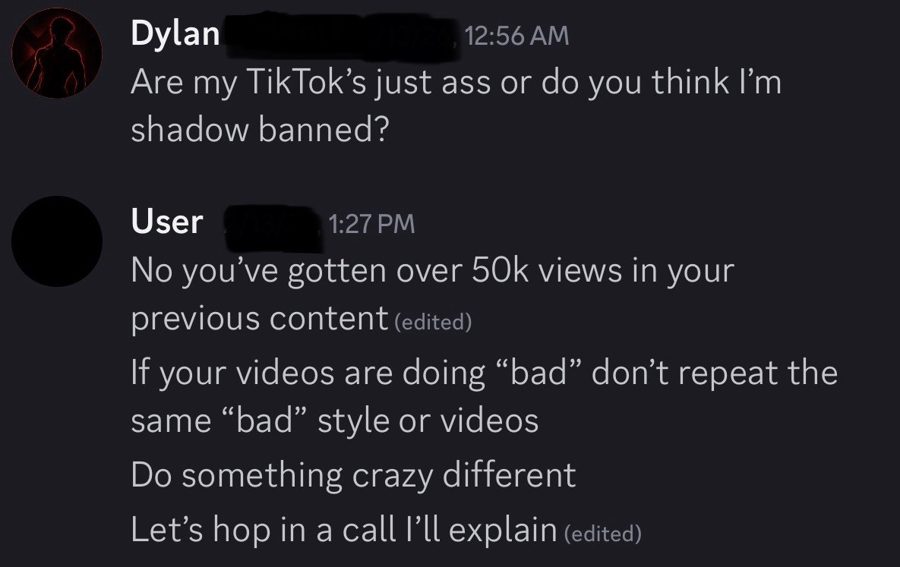 Dylan asking if he is shadow banned, Dune's reply