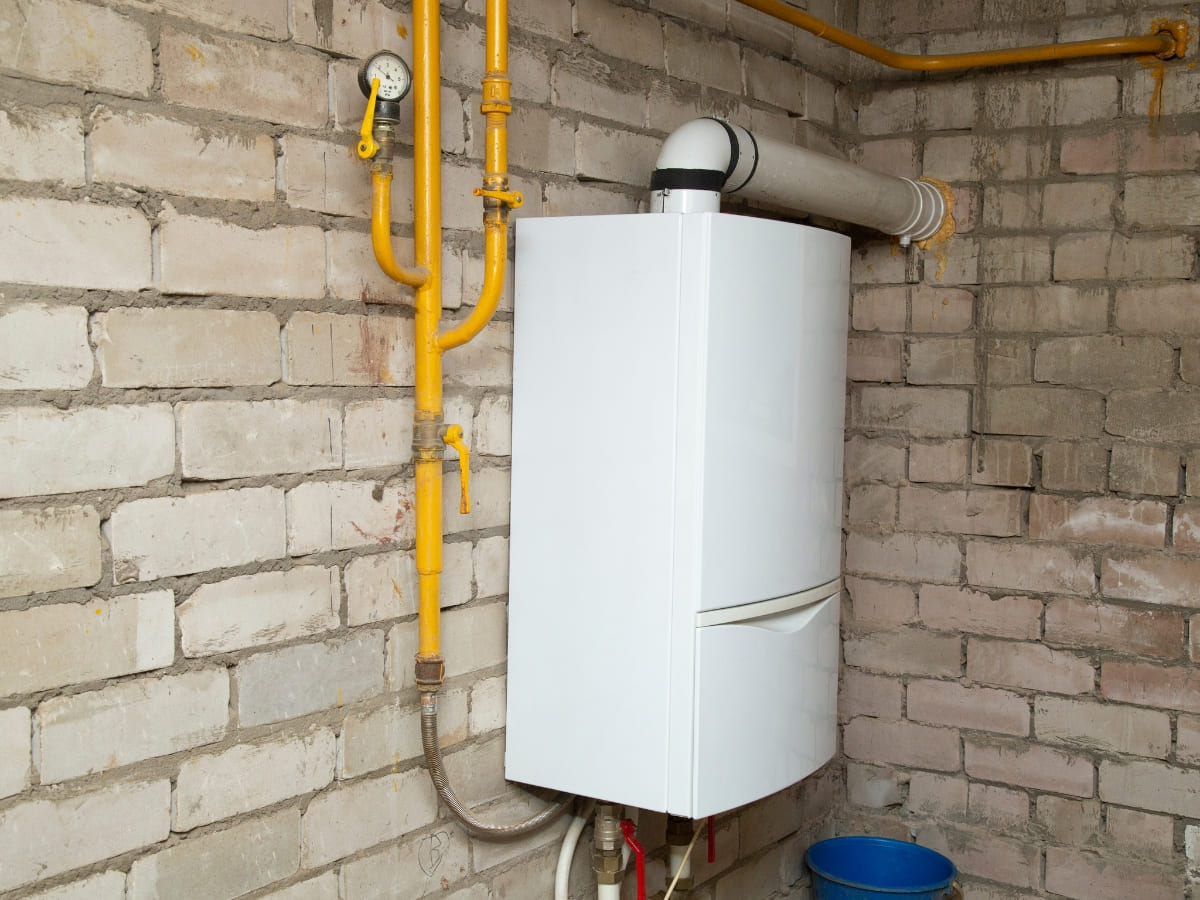 Newly installed boiler connected to yellow gas pipes in a utility room, demonstrating advanced heating installation in Selden.