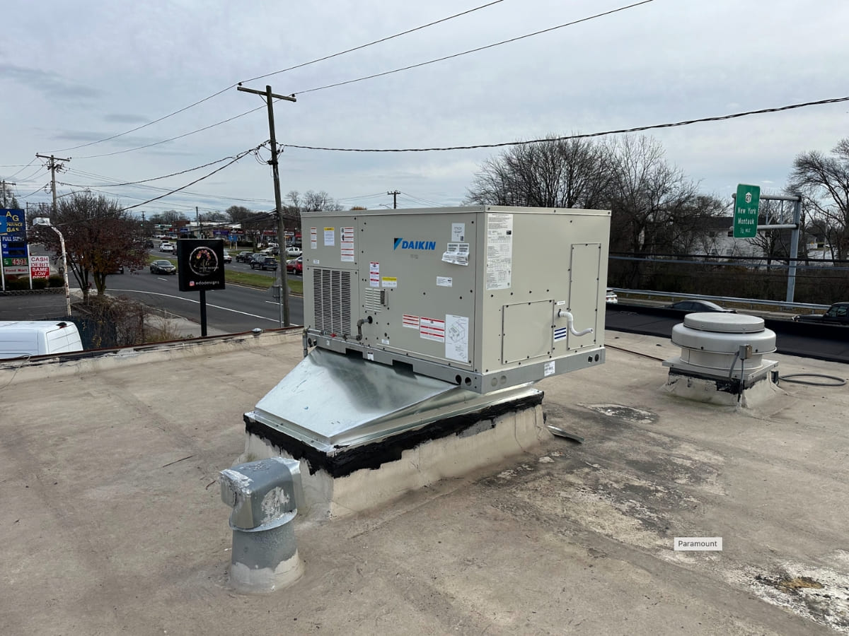 Rooftop air conditioning unit installed on a commercial building roof, with surrounding urban scenery.