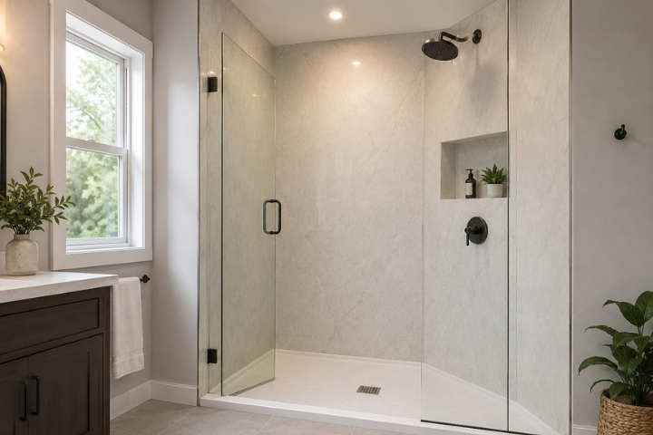 Low-threshold walk-in shower with clean wall panels and accessible features for a bathroom remodel near me Low-threshold walk-in shower with clean wall panels and accessible features for a bathroom remodel near me