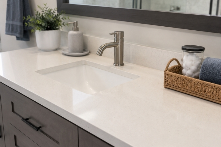 Bright vanity area with a seamless countertop and easy-clean finishes for a bathroom remodel near me Bright vanity area with a seamless countertop and easy-clean finishes for a bathroom remodel near me