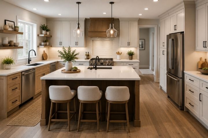 A home kitchen with updated surfaces while maintaining its original layout, demonstrating simple kitchen remodeling ideas. A home kitchen with updated surfaces while maintaining its original layout, demonstrating simple kitchen remodeling ideas.