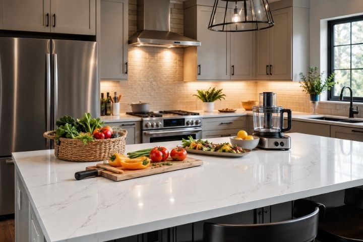 A functional kitchen featuring a quartz prep space for hosting, highlighting practical kitchen remodeling ideas. A functional kitchen featuring a quartz prep space for hosting, highlighting practical kitchen remodeling ideas.