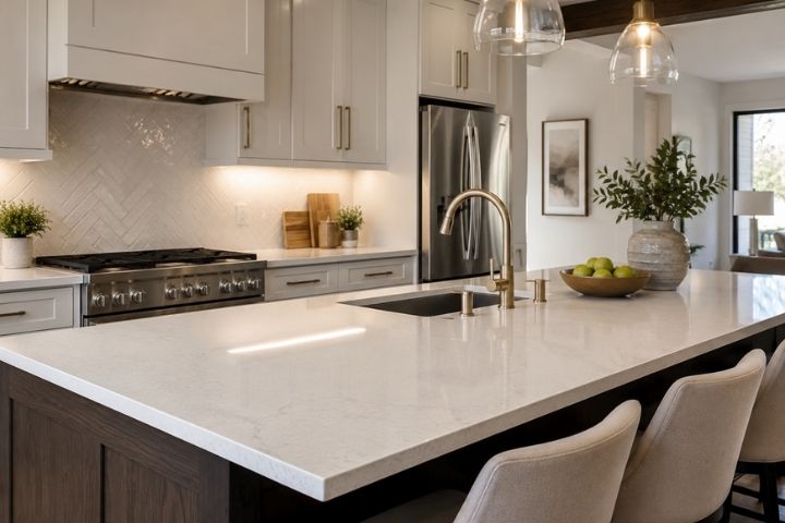 Bright white kitchen with a light-stone island and bar stools showcasing sleek kitchen design. Bright white kitchen with a light-stone island and bar stools showcasing sleek kitchen design.